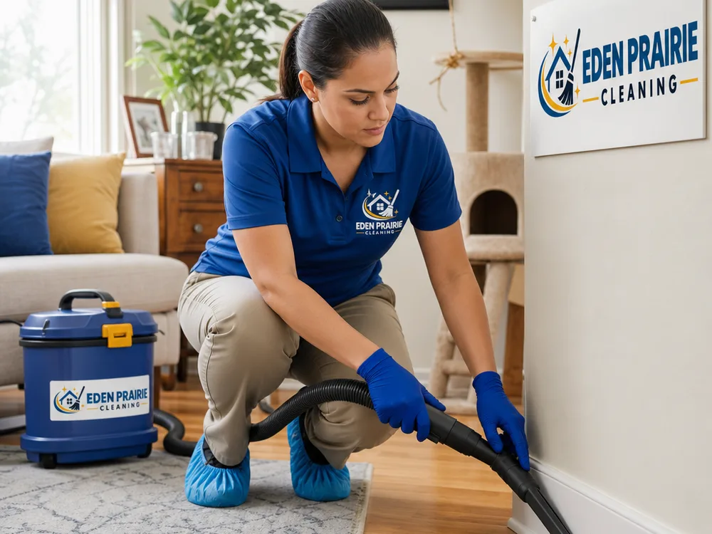 Cleaner vacuuming baseboards and corners in an Eden Prairie living room