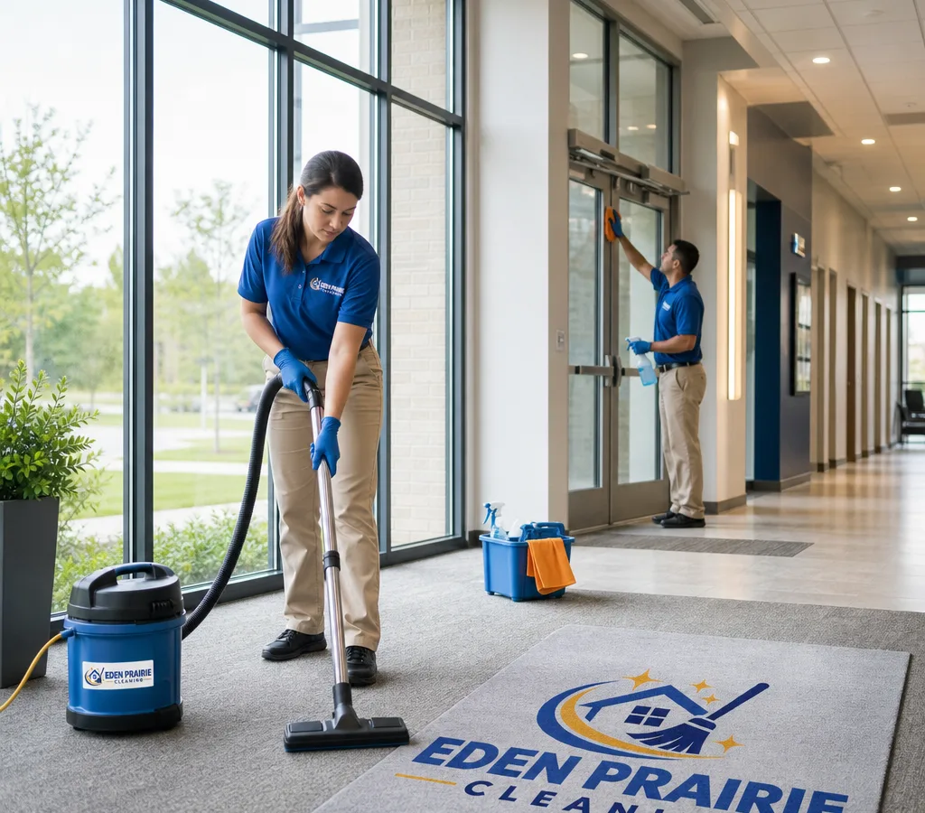 Professional cleaning in a modern Eden Prairie office lobby and corridor